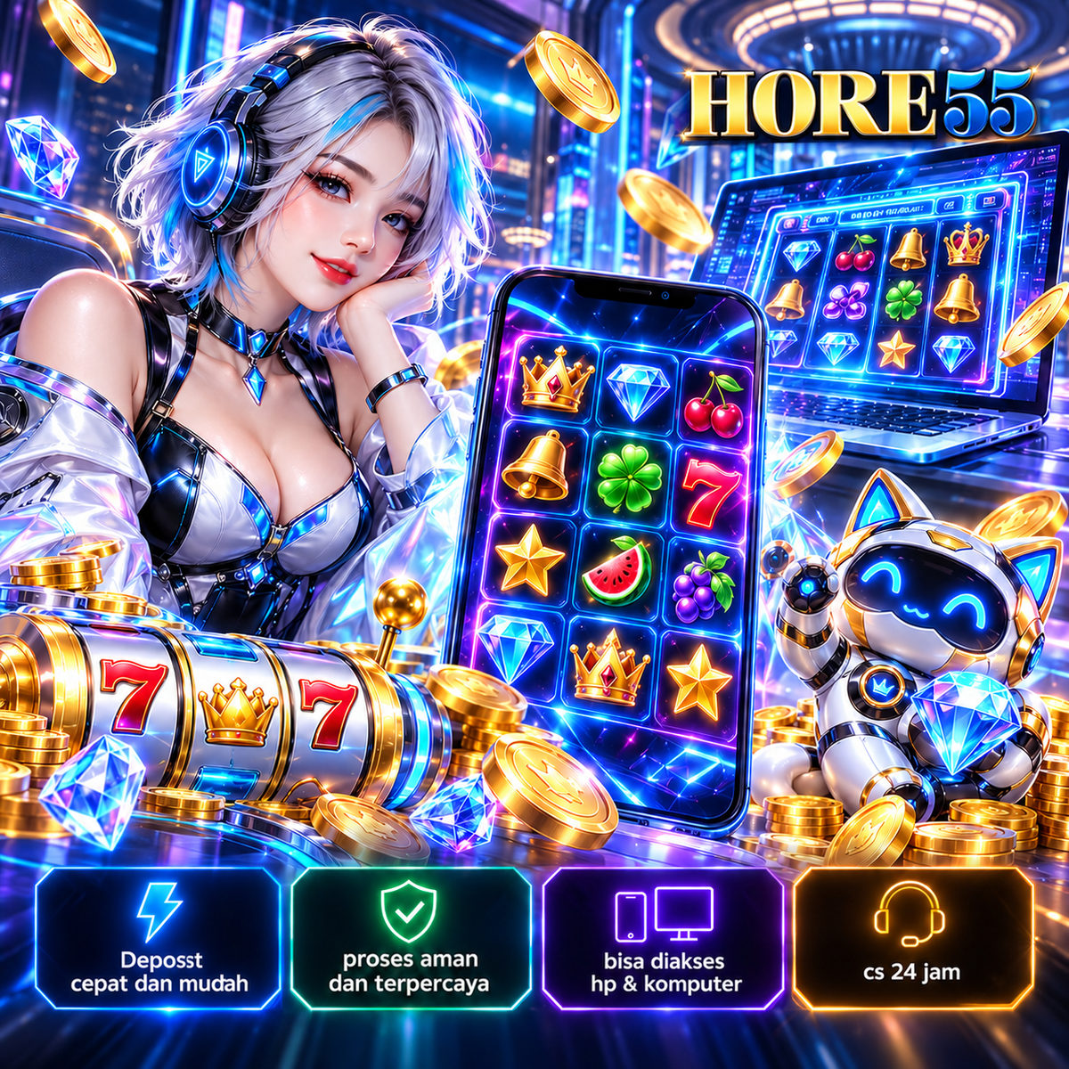 Banner HORE55 bertema game digital dengan ilustrasi karakter dan elemen neon keemasan